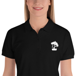Womens Black Polo Shirt Embroidered With A White Bonsai Tree