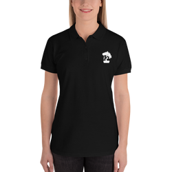 Womens Black Polo Shirt Embroidered With A White Bonsai Tree