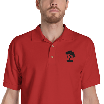 Mens Polo Shirt Embroidered With A White Bonsai Tree