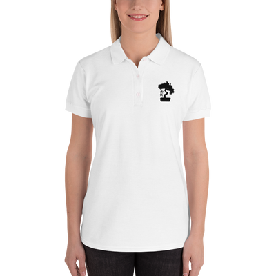 Womens White Polo Shirt Embroidered With A Black Bonsai Tree