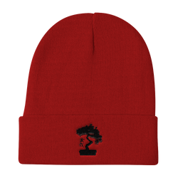 Knit Beanie Embroidered With Black Pine Bonsai Tree