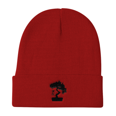Knit Beanie Embroidered With Black Pine Bonsai Tree