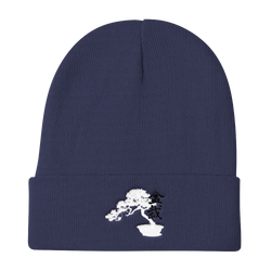 Knit Beanie with Embroidered Bonsai Tree