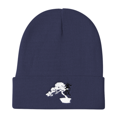 Knit Beanie with Embroidered Bonsai Tree