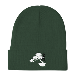 Knit Beanie with Embroidered Bonsai Tree