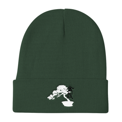 Knit Beanie with Embroidered Bonsai Tree
