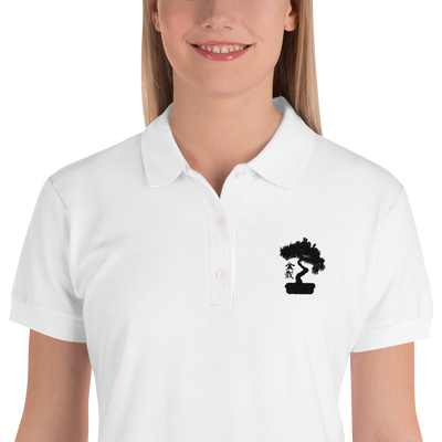 Womens White Polo Shirt Embroidered With A Black Bonsai Tree