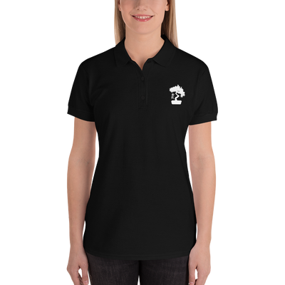 Womens Black Polo Shirt Embroidered With A White Bonsai Tree