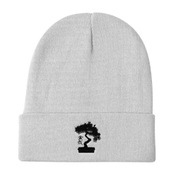 Knit Beanie Embroidered With Black Pine Bonsai Tree