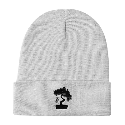 Knit Beanie Embroidered With Black Pine Bonsai Tree