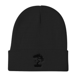 Knit Beanie Embroidered With Black Pine Bonsai Tree