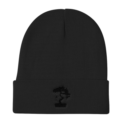 Knit Beanie Embroidered With Black Pine Bonsai Tree