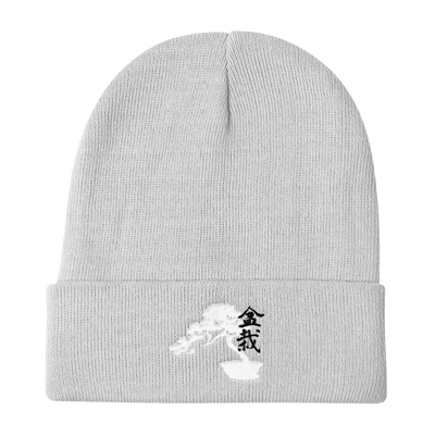 Knit Beanie with Embroidered Bonsai Tree