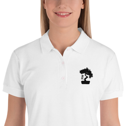 Womens White Polo Shirt Embroidered With A Black Bonsai Tree