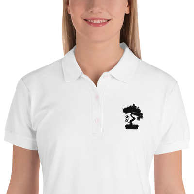 Womens White Polo Shirt Embroidered With A Black Bonsai Tree