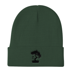 Knit Beanie Embroidered With Black Pine Bonsai Tree