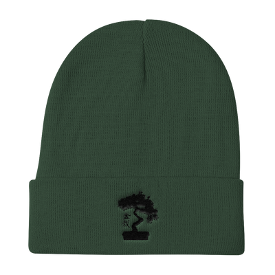 Knit Beanie Embroidered With Black Pine Bonsai Tree