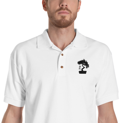Mens Polo Shirt Embroidered With A White Bonsai Tree