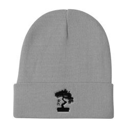 Knit Beanie Embroidered With Black Pine Bonsai Tree