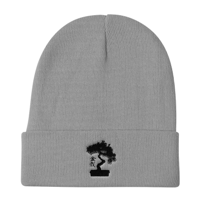 Knit Beanie Embroidered With Black Pine Bonsai Tree