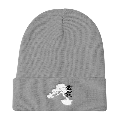 Knit Beanie with Embroidered Bonsai Tree