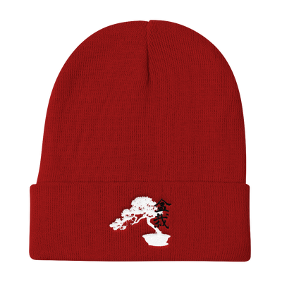 Knit Beanie with Embroidered Bonsai Tree