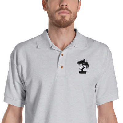 Mens Polo Shirt Embroidered With A White Bonsai Tree