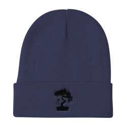 Knit Beanie Embroidered With Black Pine Bonsai Tree
