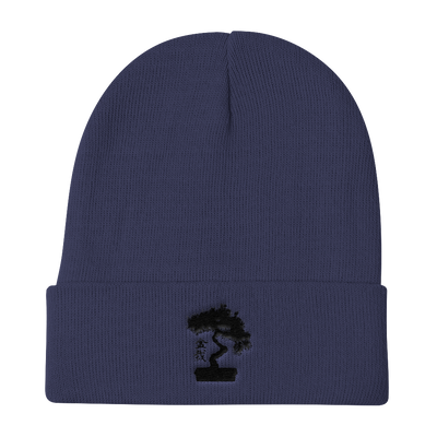 Knit Beanie Embroidered With Black Pine Bonsai Tree